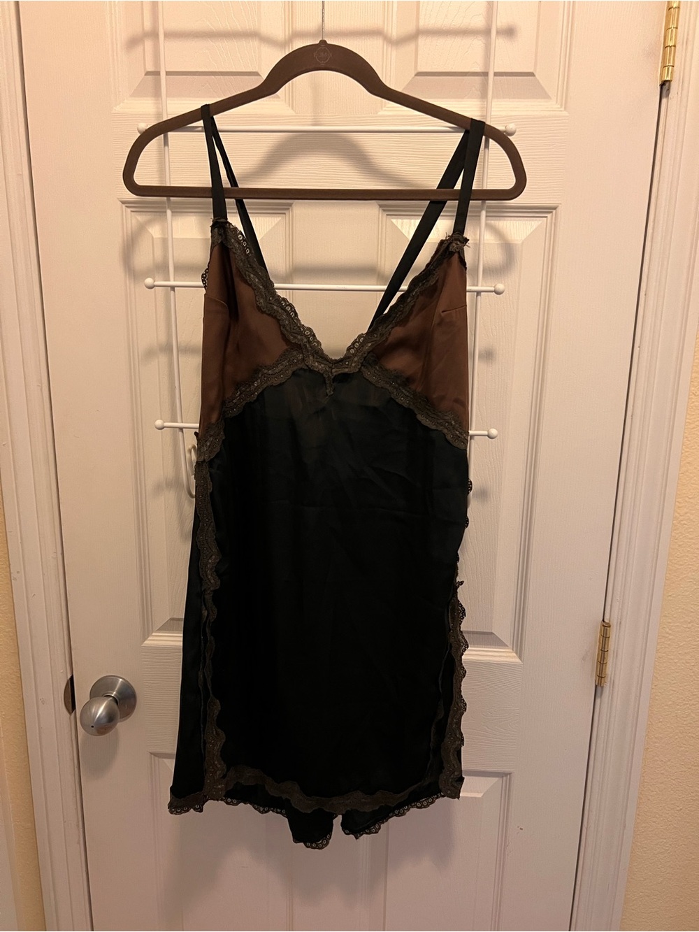 Free People Black and Brown Satin Lace Slip Chemise